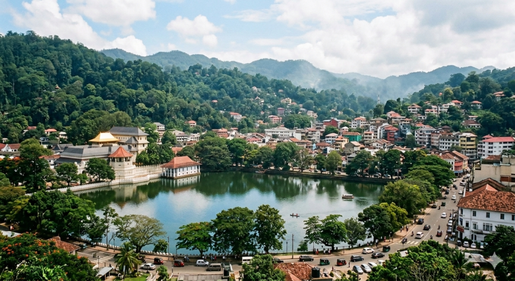 Alt 1: The golden Temple of the Tooth Relic in Kandy Sri Lanka reflecting on the calm lake at sunrise