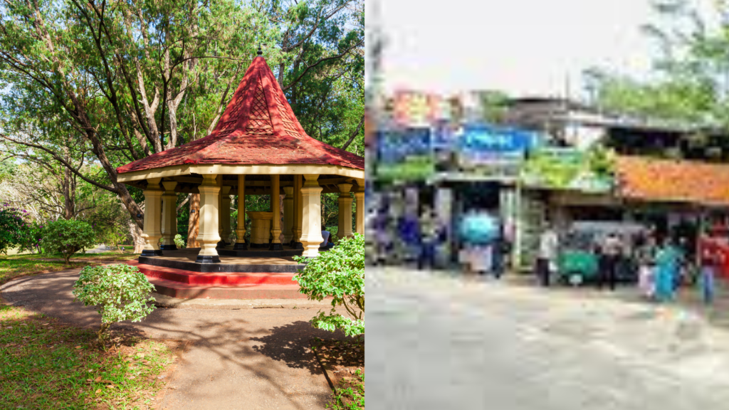 Alt 2: Travelers waiting at Peradeniya Junction in Sri Lanka with lush tropical trees in the background