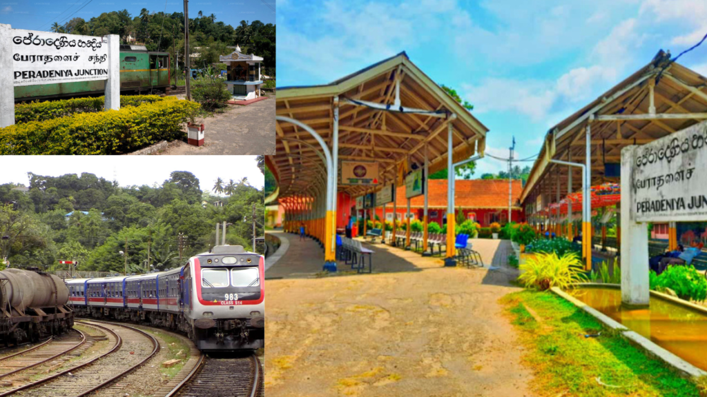 Alt 1: Peradeniya Railway Station in Sri Lanka surrounded by green hills and colonial architecture