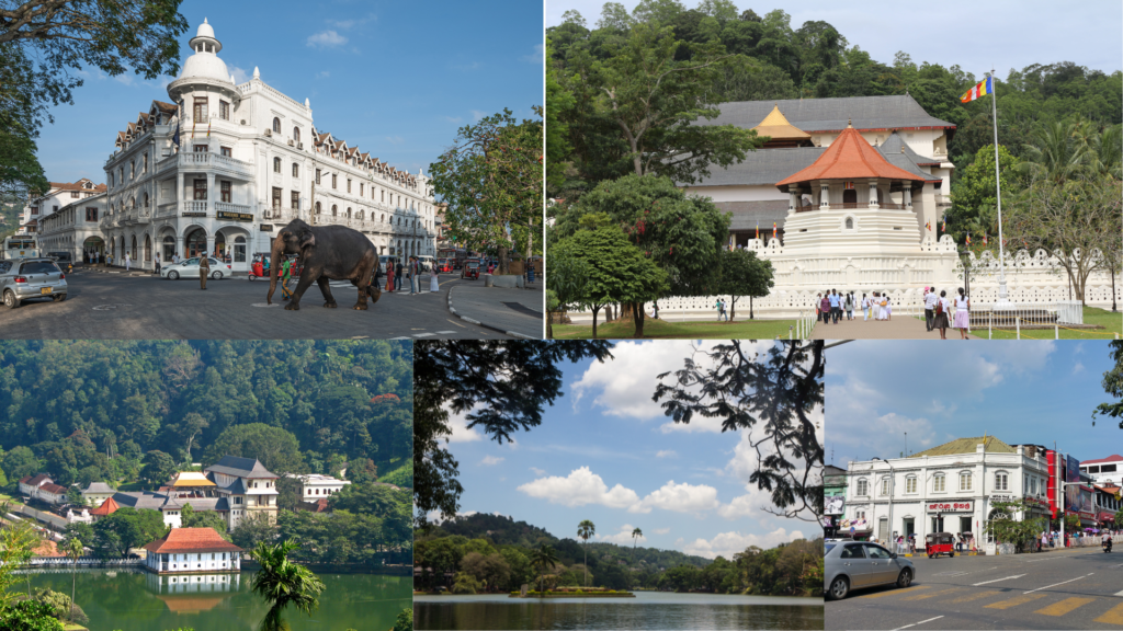  Scenic view of Kandy Lake surrounded by green hills in Sri Lanka