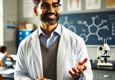 DALL·E-2024-10-29-15.24.22-A-professional-and-friendly-science-teacher-standing-in-a-classroom-setting.-The-teacher-is-engaged-in-explaining-a-science-concept-with-a-chalkboard